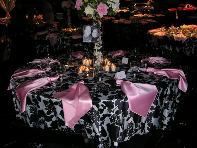 pink black and white wedding reception