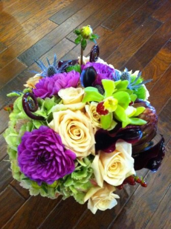 Gorgeous Bridal Bouquet Share Purple Dahlias sahara roses monkey tail 