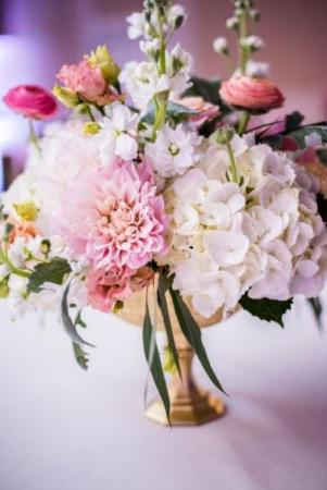 Pink Centerpiece in Gold Compote Vase