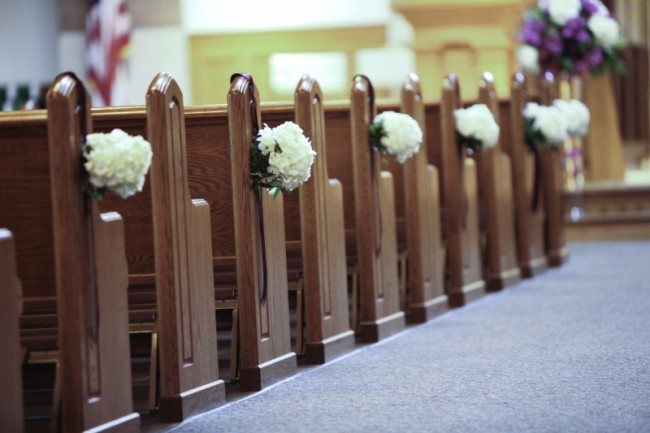 White Hydrangea Pew Arrangements