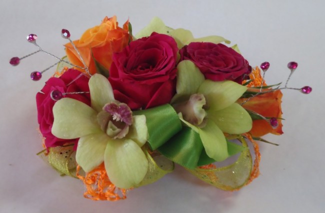 Wrist Corsage in Pink, Orange & Green