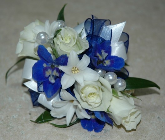 Royal Blue & White Wrist Corsage