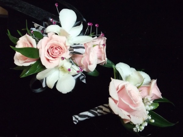 Custom Zebra Wrist Corsage & Matching Boutonniere